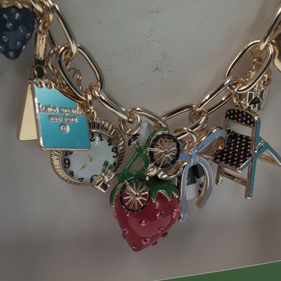 Kate Spade Gold-Toned Charm Necklace with Heart, Strawberry, Bow, Ladybug, Card - Picture 2 of 7